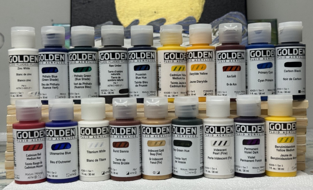LOT OF 19 Golden Fluid Acrylics 1 fl. oz. /30 ml Paint Sealed No Duplicates